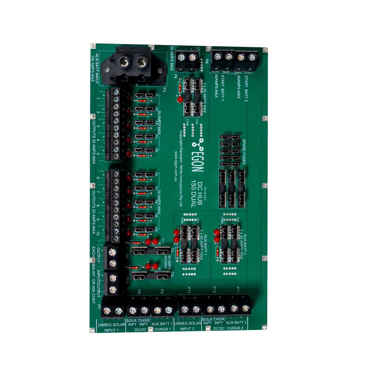 Green electronic circuit board with various components on a white background