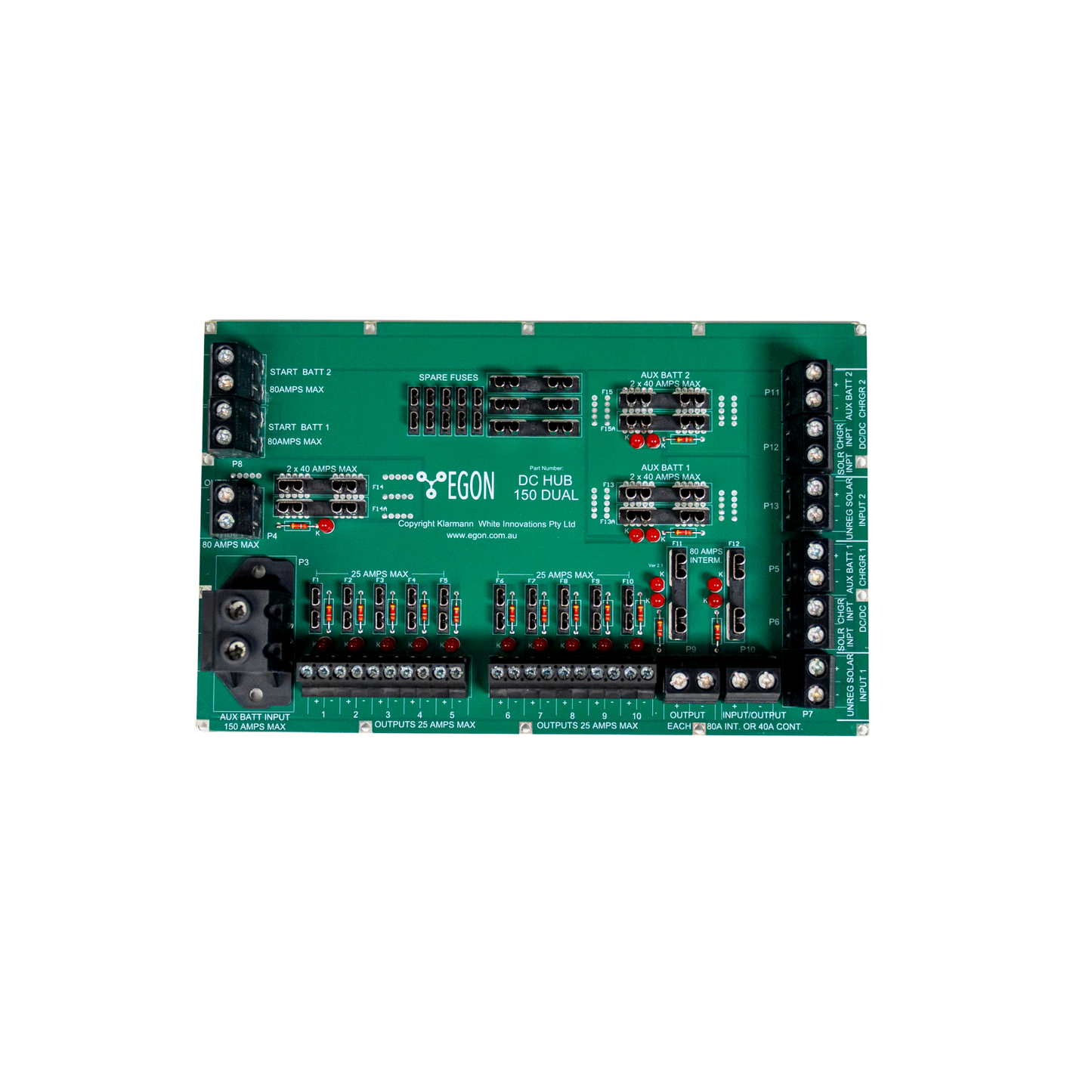 Green electronic control panel with various components on a white background
