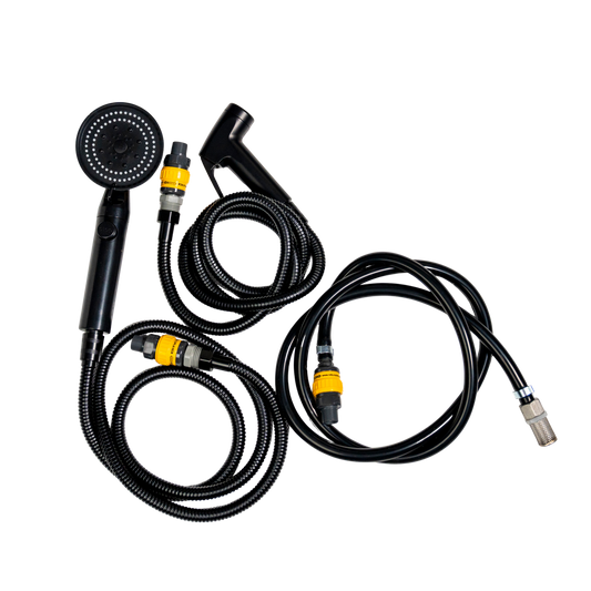 Handheld shower set with multiple hoses and nozzles on a white background