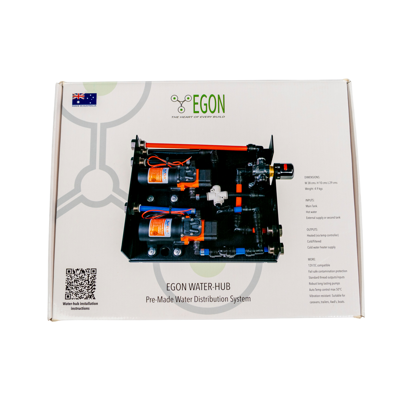 Egon Water Hub packaging with diagram and branding on a white background