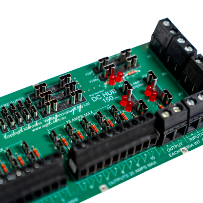 Close-up of a green electronic DC hub board with connectors and labels on a white background
