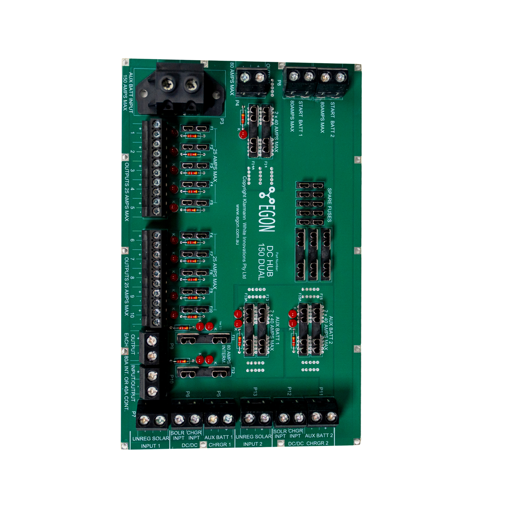 Green electronic circuit board with various components on a white background