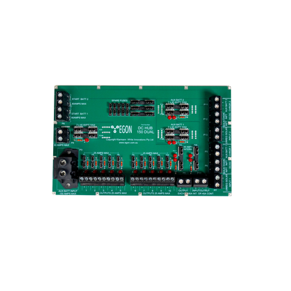 Green electronic control panel with various components on a white background