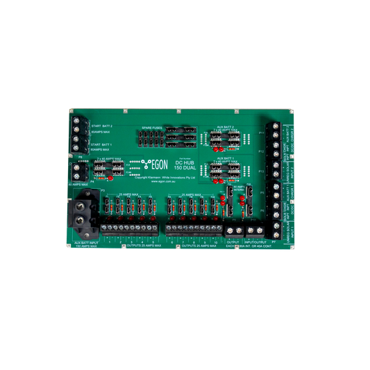Green electronic control panel with various components on a white background