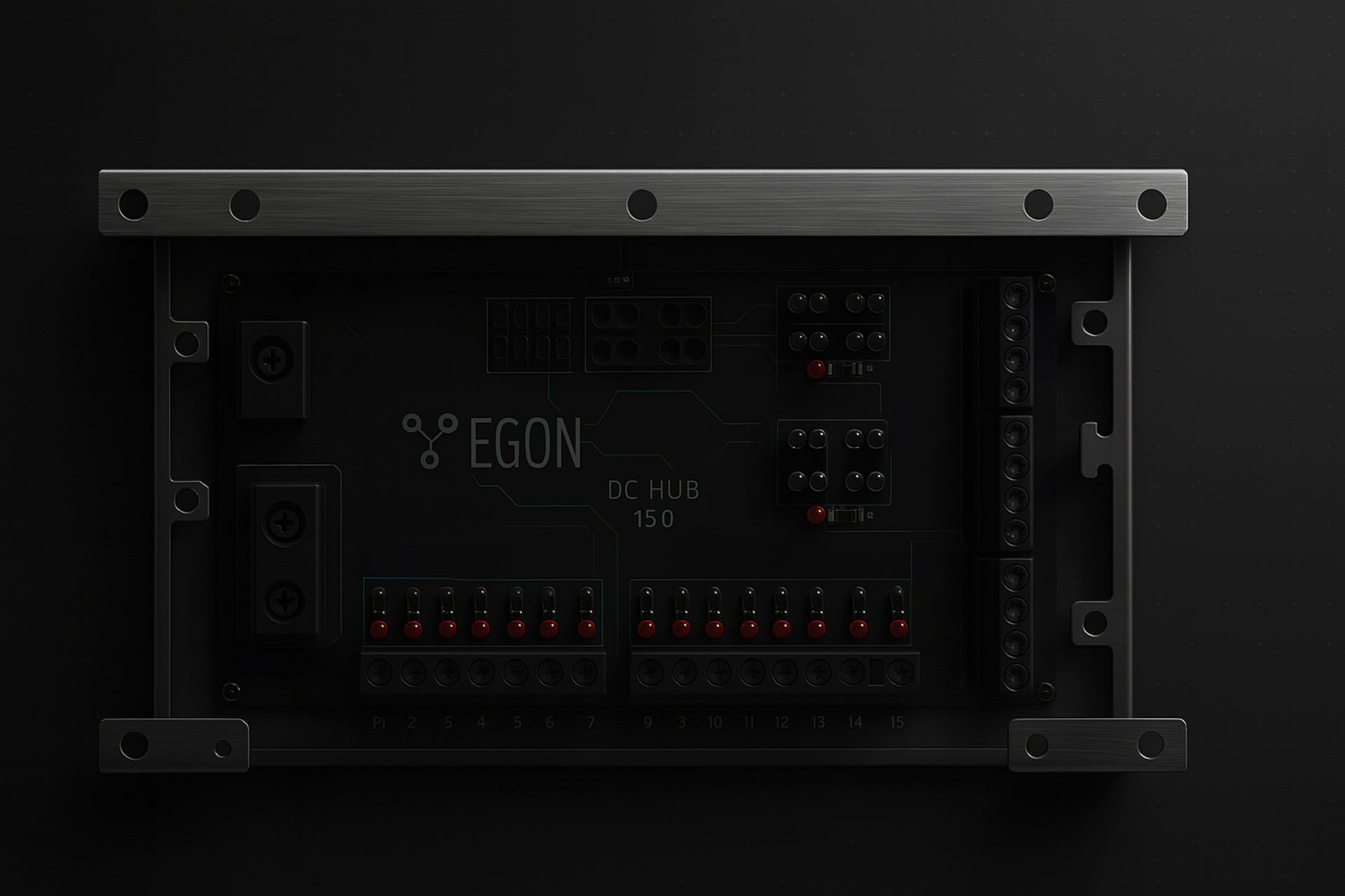 Electronic module with 'EGON' branding on a dark background