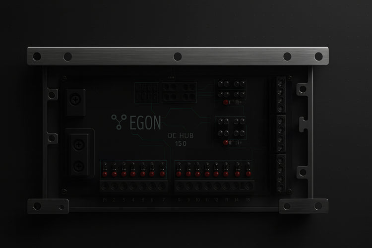Electronic module with 'EGON' branding on a dark background