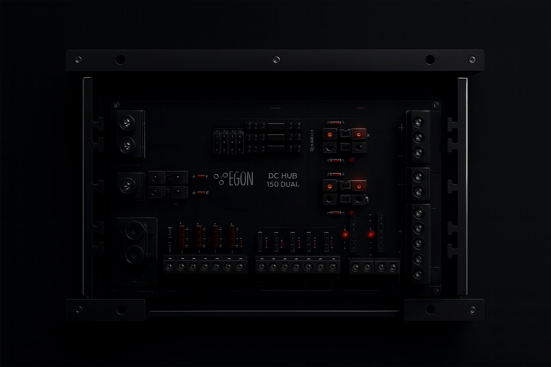 Black electronic device with various ports and labels on a black background