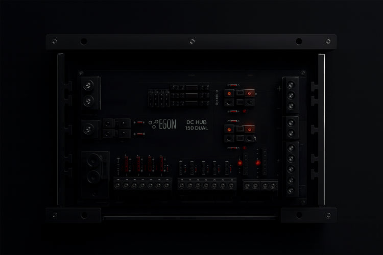 Black electronic device with various ports and labels on a black background