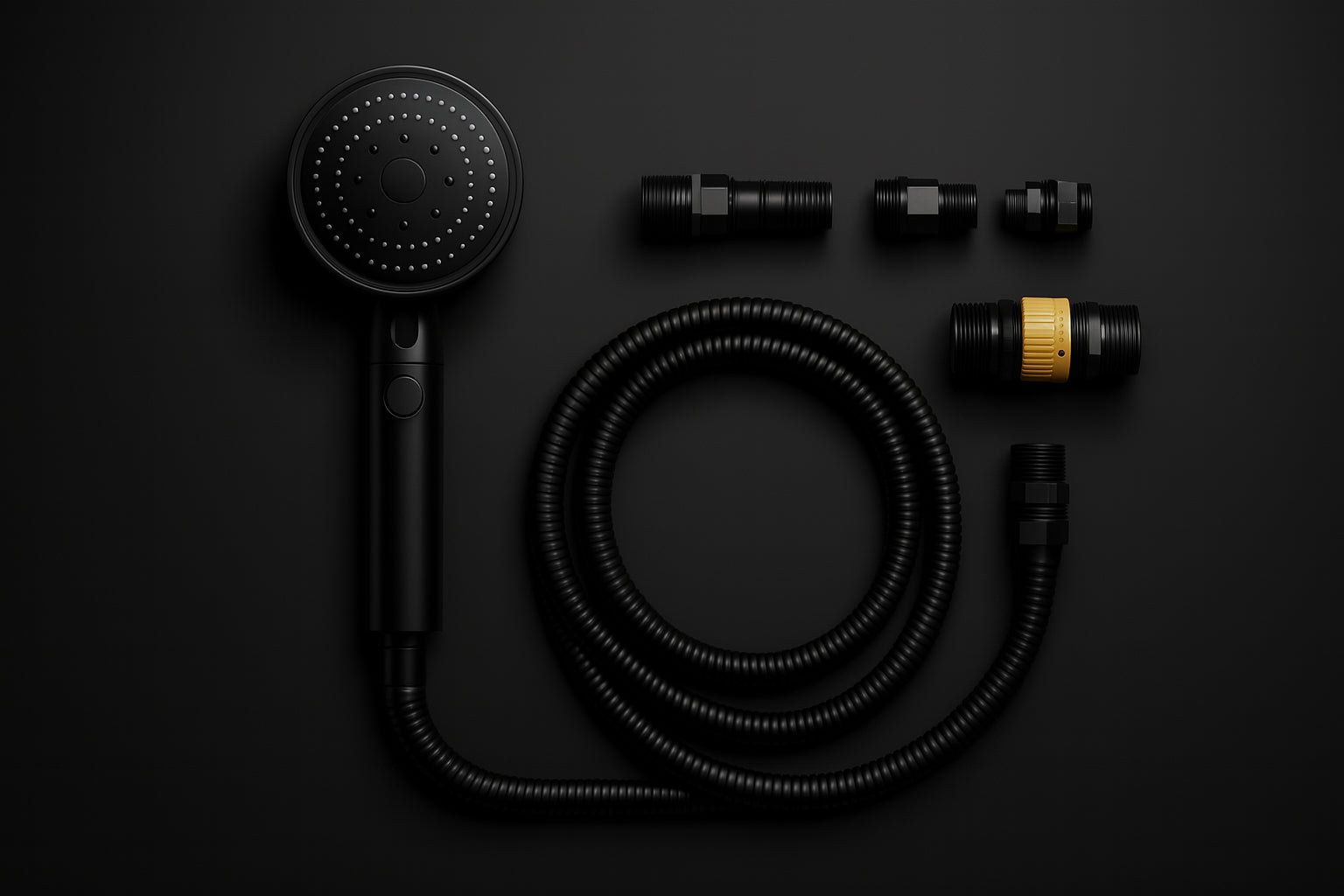 Black handheld shower head with hose and connectors on a black background
