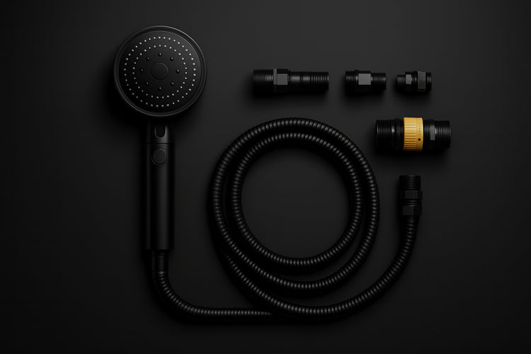 Black handheld shower head with hose and connectors on a black background