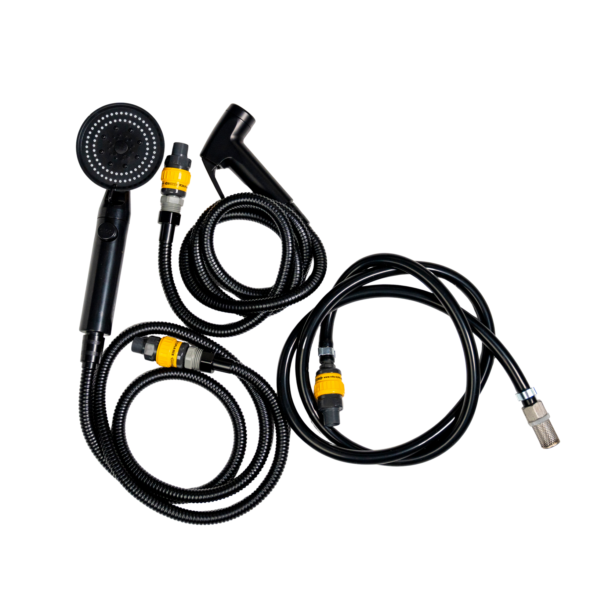 Handheld shower set with multiple hoses and nozzles on a white background