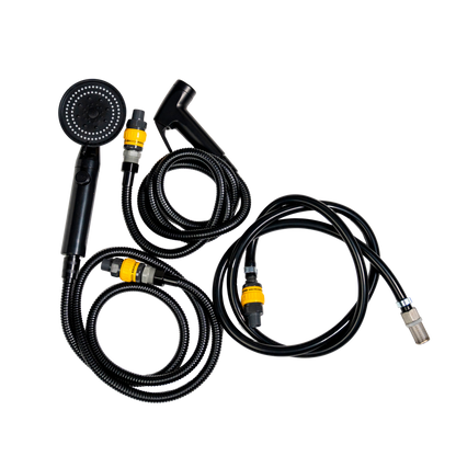 Handheld shower set with multiple hoses and nozzles on a white background
