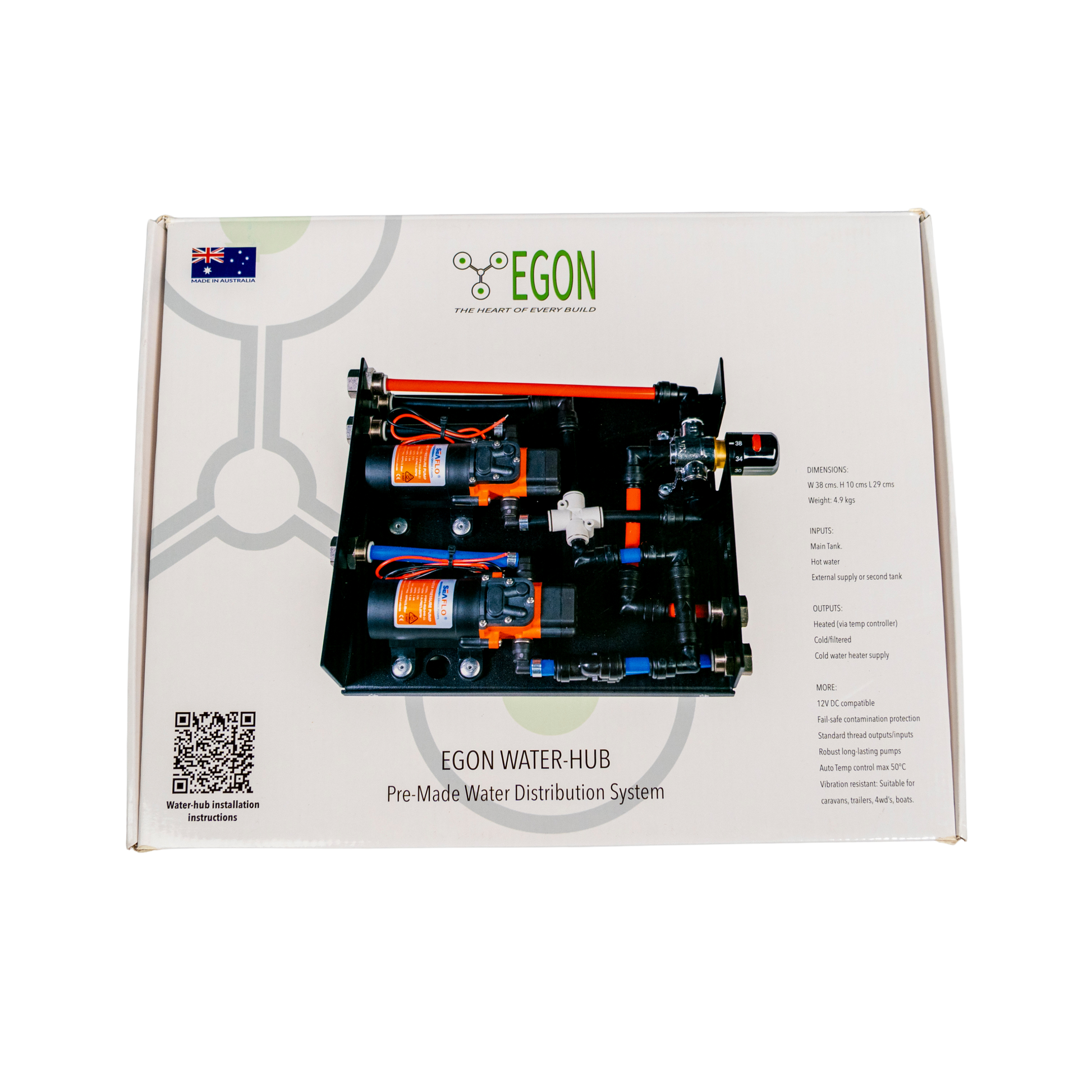 Egon Water Hub packaging with diagram and branding on a white background